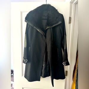 Andrew Marc MARA Gray & Black Wool Coat, Leather Trim & Rabbit Fur Collar